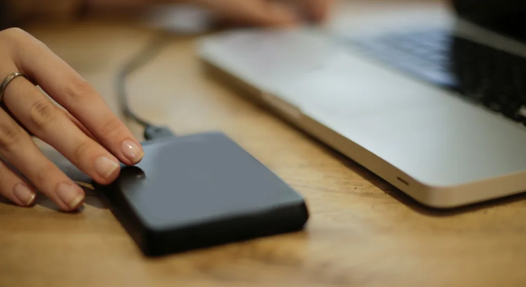 External storage beside a laptop, retained as a general illustration for a media-file compatibility guide